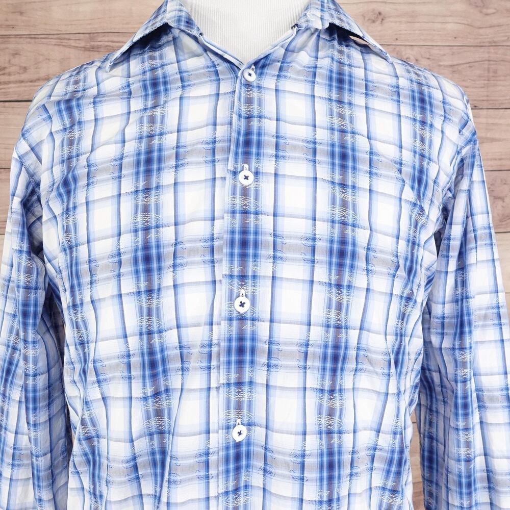 Bugatchi‎ Uomo Shirt Mens Large Blue White Plaid Long Sleeve Button Down Casual